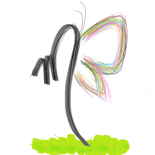 A hand-drawn digital illustration of a flower/butterfly with a curved black stem, small leaves, bright green grass at the base, and a large petal or wing shape filled with colourful overlapping scribble lines in pink, green, blue, yellow, and grey.