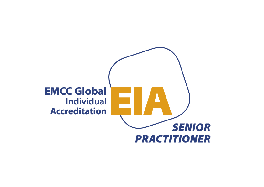 EMCC Global Individual Accreditation (EIA) Senior Practitioner badge. Navy blue text reads "EMCC Global Individual Accreditation" alongside a bold gold "EIA" acronym inside a navy rounded-square outline, with "Senior Practitioner" in navy italic below.