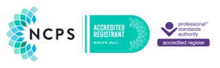 NCPS Accredited Registrant badge. Displays the NCPS logo in teal and blue on the left, a teal rounded badge reading "Accredited Registrant — MNCPS (Acc.)" in the centre, and the Professional Standards Authority "accredited register" logo on the right, all on a white pill-shaped background.
